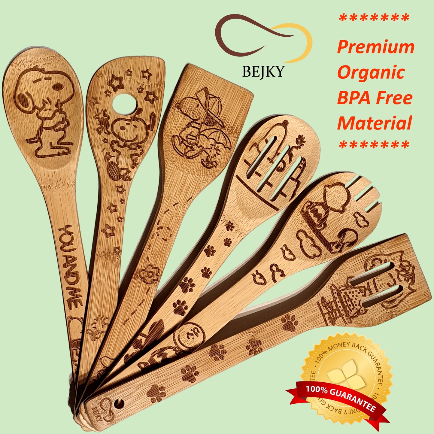 Bejky 6-Pcs Wooden Bamboo Spoons Set - Organic Food Cooking Utensils - Kitchen Accessories and Home Decor - Cookware Gifts for Women - Nonstick Easy Wash Spatulas - 3D Engraved Patterns (Cartoon Dog)