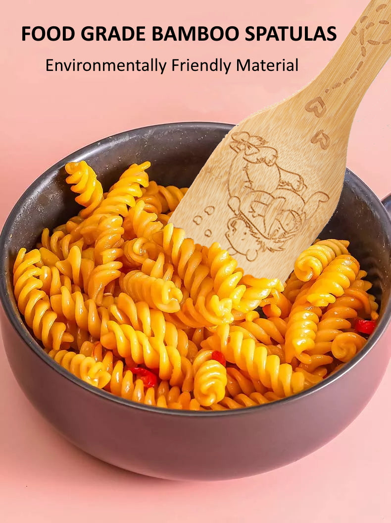 Bejky 6-Pcs Wooden Bamboo Spoons Set - Organic Food Cooking Utensils - Kitchen Accessories and Home Decor - Cookware Gifts for Women - Easy Wash Spatulas - 3D Engraved Patterns (Winnie the Bear)